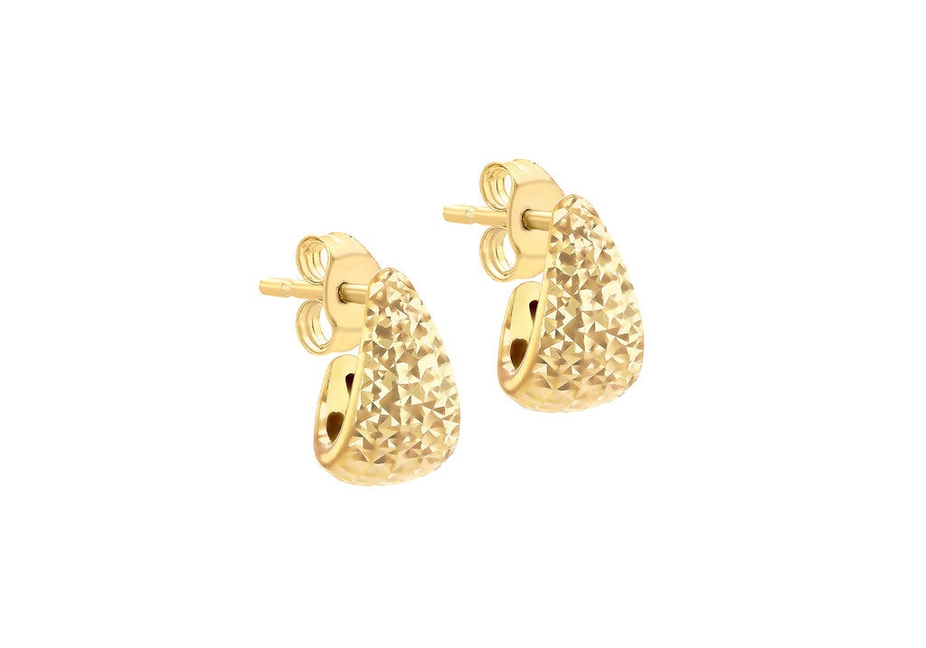 9ct Yellow Gold Diamond Cut 8.5MM X 14MM WIDE J-Shape Stud Earrings