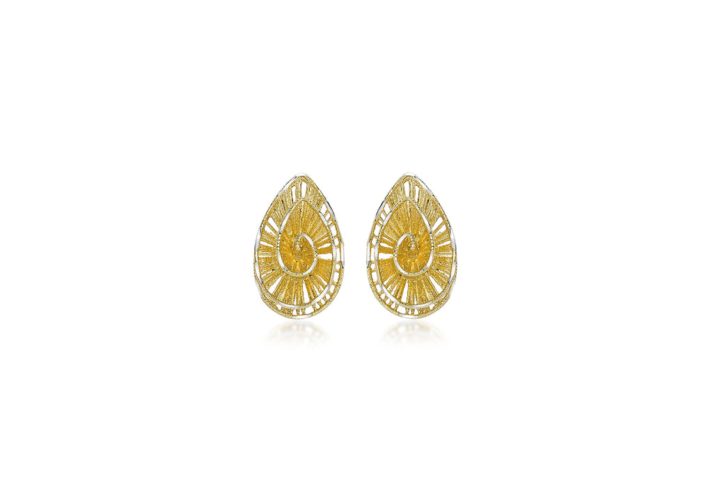 9ct 2-Tone Gold 8MM X 13MM Lace-Style Swirl Teardrop Stud Earrings