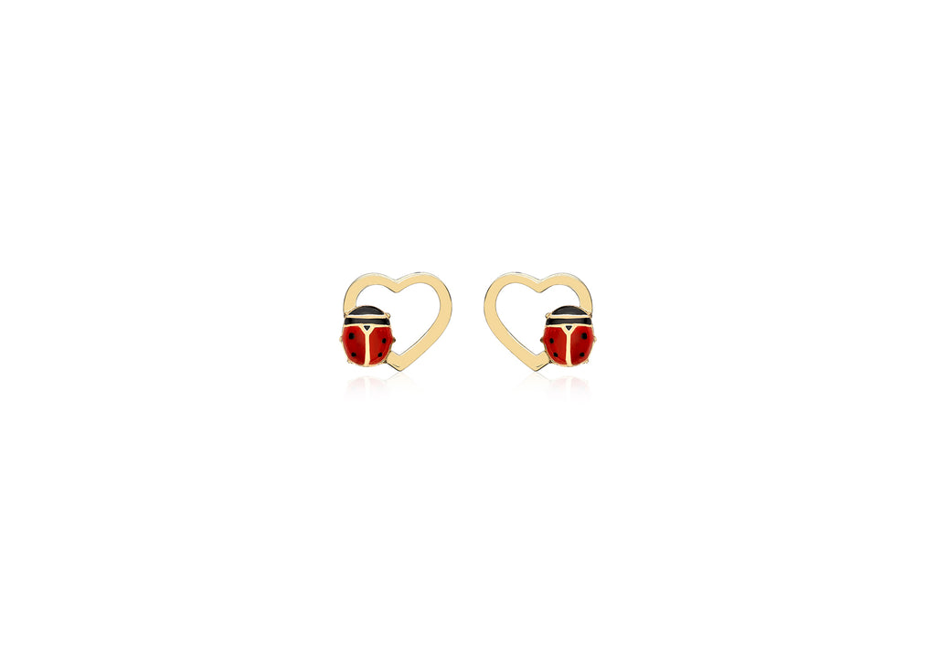 9ct Yellow Gold 8MM X 7MM Open-Heart and Ladybird Stud Earrings