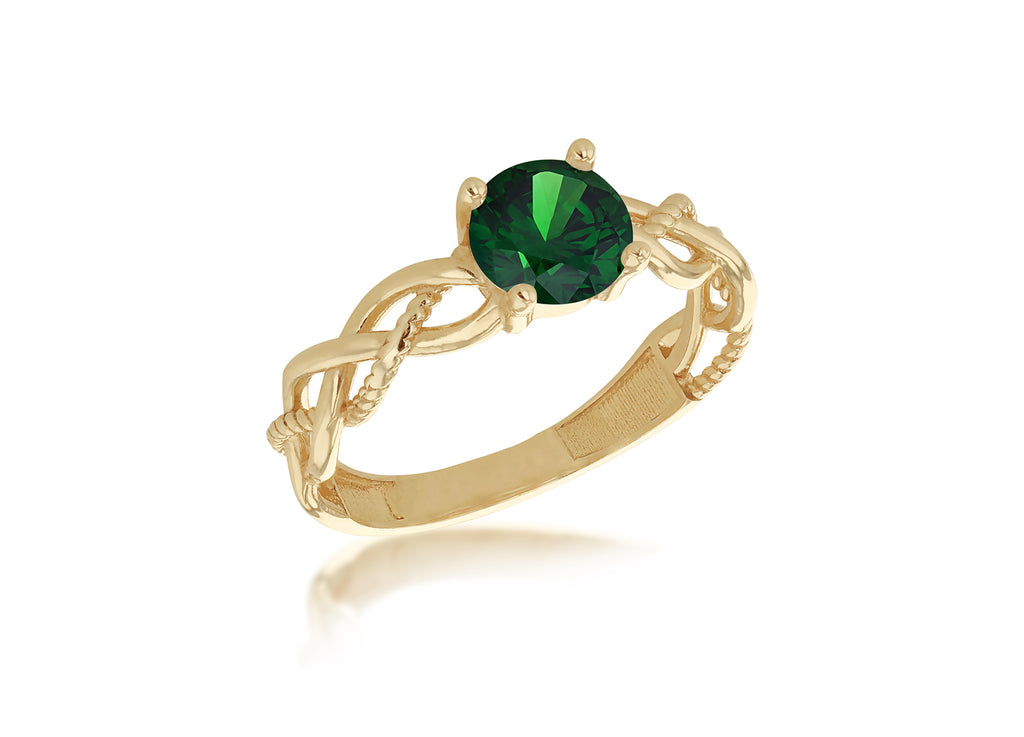 9ct Yellow Gold 6mm Green Round Cut CZ Plaited Solitaire Ring