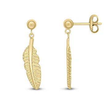9ct Yellow Gold Feather Drop Earrings