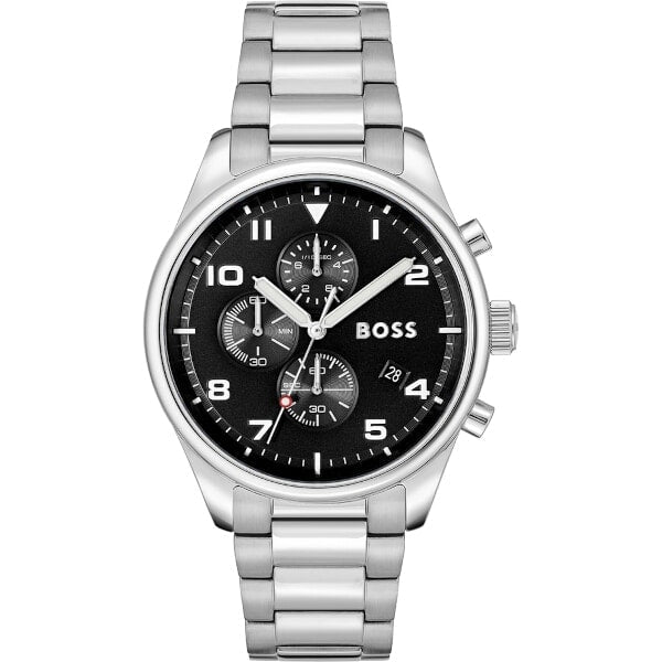 HUGO BOSS View Chronograph Black Dial Silver Steel Strap Watch For Men