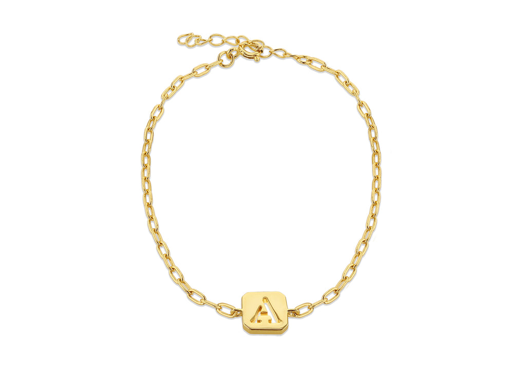 Sterling Silver Yellow Gold Plated 8mm x 9mm Initial 'A' Initial Bracelet 17cm/6.7"-20cm/8"