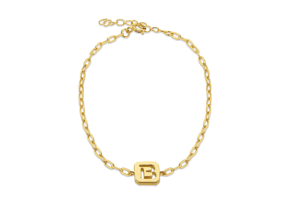 Sterling Silver Yellow Gold Plated 8mm x 9mm Initial 'B' Initial Bracelet 17cm/6.7"-20cm/8"