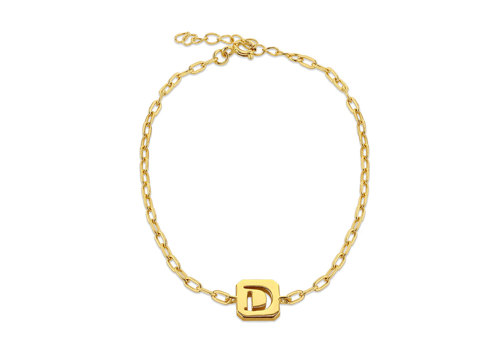 Sterling Silver Yellow Gold Plated 8mm x 9mm Initial 'D' Initial Bracelet 17cm/6.7"-20cm/8"