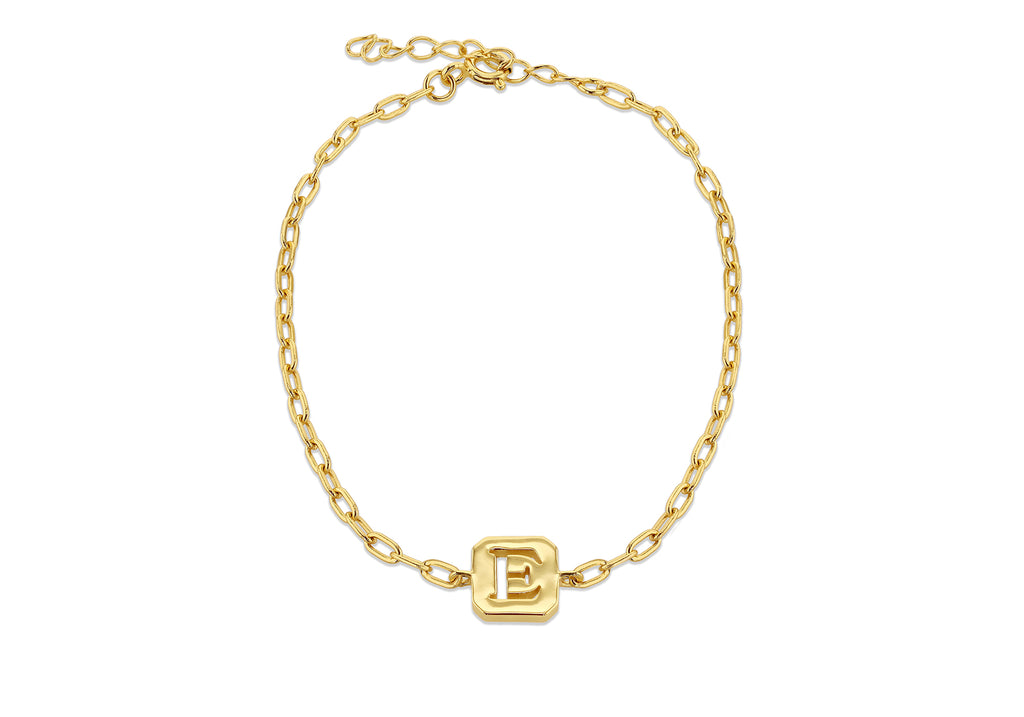 Sterling Silver Yellow Gold Plated 8mm x 9mm Initial 'E' Initial Bracelet 17cm/6.7"-20cm/8"