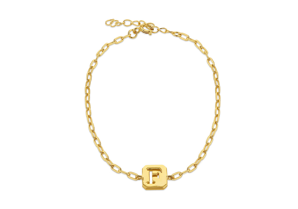 Sterling Silver Yellow Gold Plated 8mm x 9mm Initial 'F' Initial Bracelet 17cm/6.7"-20cm/8"