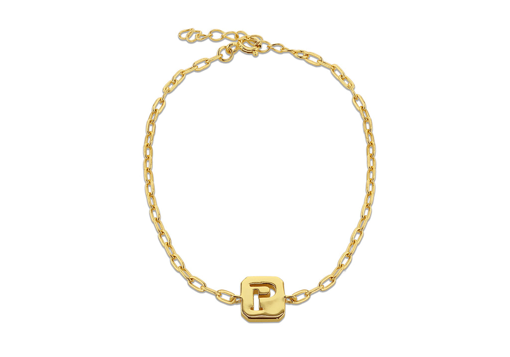 Sterling Silver Yellow Gold Plated 8mm x 9mm Initial 'P' Initial Bracelet 17cm/6.7"-20cm/8"