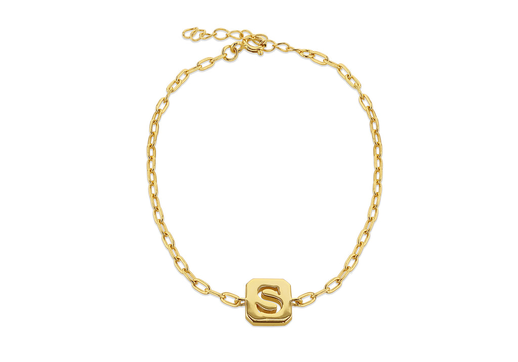 Sterling Silver Yellow Gold Plated 8mm x 9mm Initial 'S' Initial Bracelet 17cm/6.7"-20cm/8"