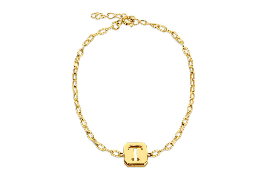 Sterling Silver Yellow Gold Plated 8mm x 9mm Initial 'T' Initial Bracelet 17cm/6.7"-20cm/8"