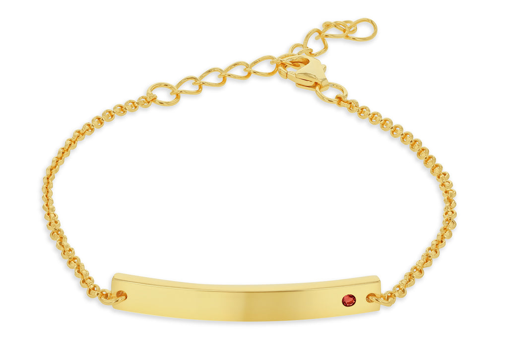 Sterling Silver Yellow Gold Plated ID Bar with January Birthstone CZ Adjustable Bracelet 13cm/5"- 16cm/6.25"