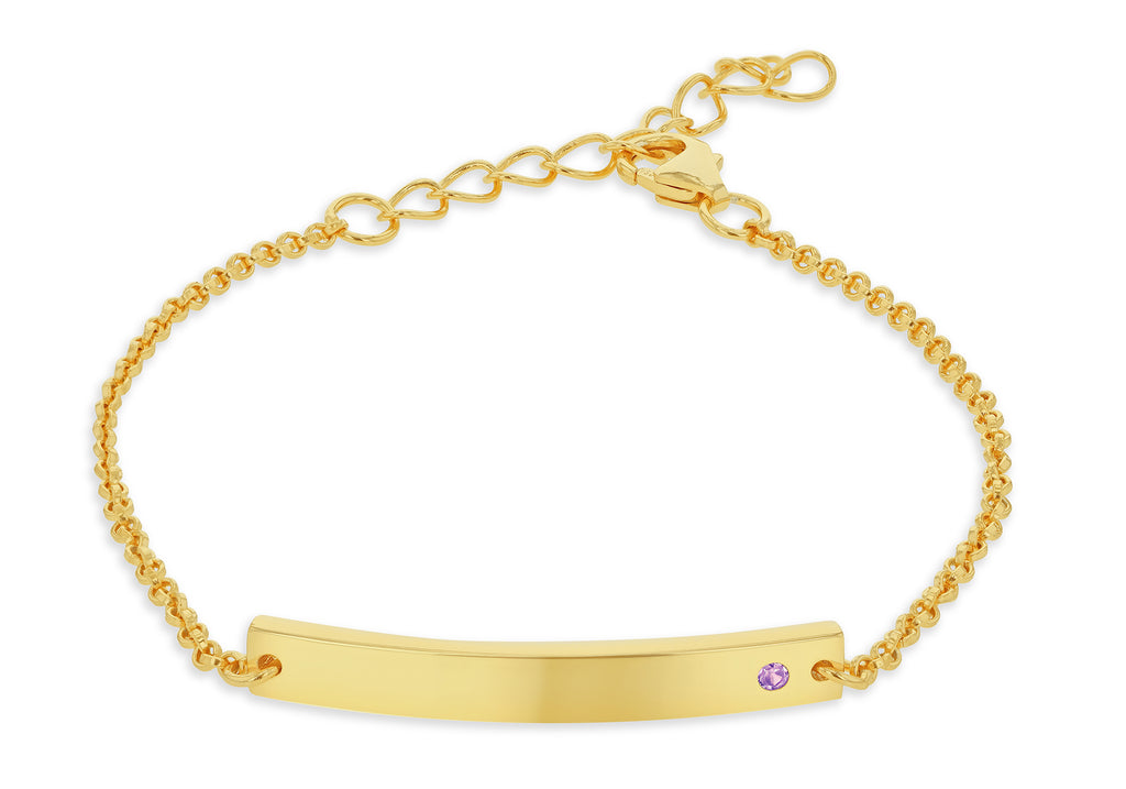 Sterling Silver Yellow Gold Plated ID Bar with February Birthstone CZ Adjustable Bracelet 13cm/5"- 16cm/6.25"