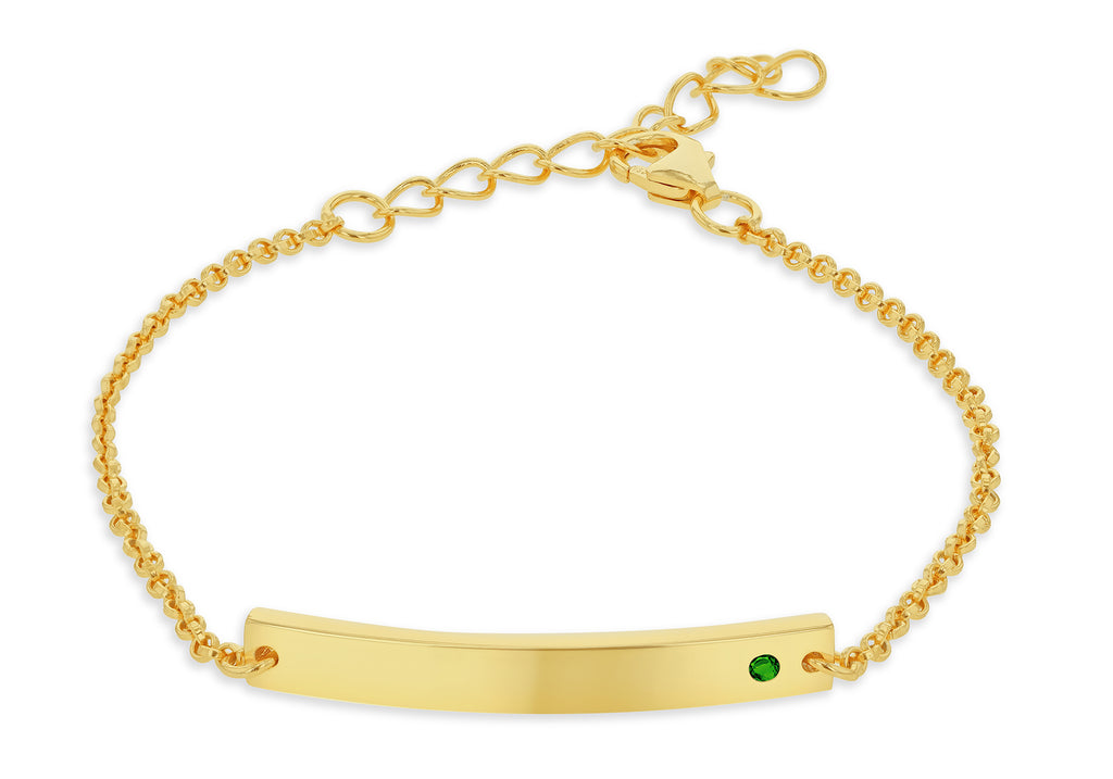 Sterling Silver Yellow Gold Plated ID Bar with May Birthstone CZ Adjustable Bracelet 13cm/5"- 16cm/6.25"