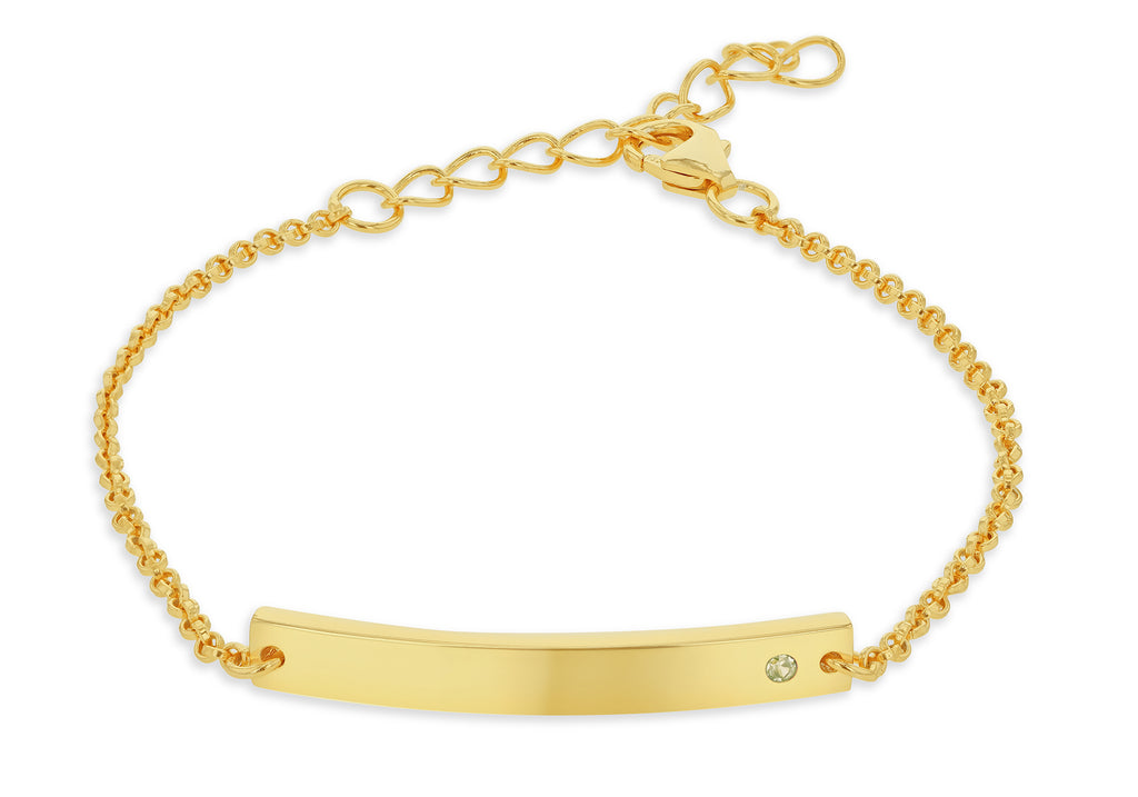 Sterling Silver Yellow Gold Plated ID Bar with August Birthstone CZ Adjustable Bracelet 13cm/5"- 16cm/6.25"