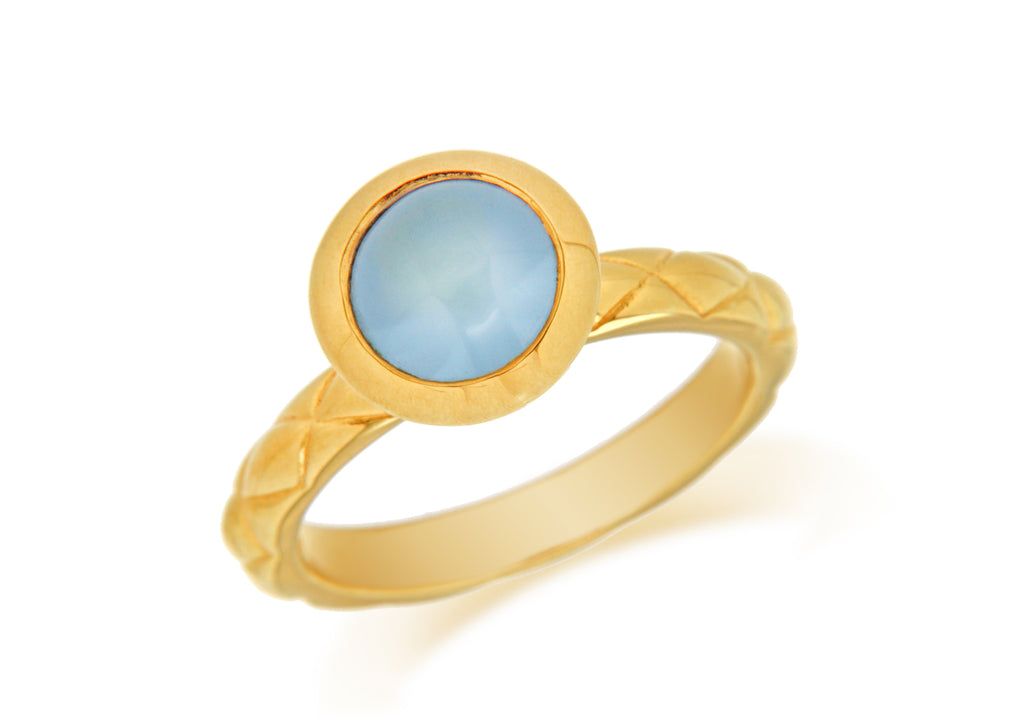 Sterling Silver Yellow Gold Plated Round Blue Opaque Glass Patterned Stacking Ring