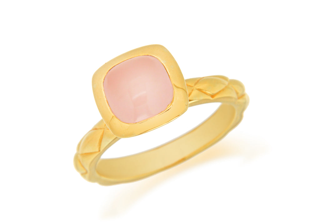 Sterling Silver Yellow Gold Plated Square Pink Opaque Glass Patterned Stacking Ring