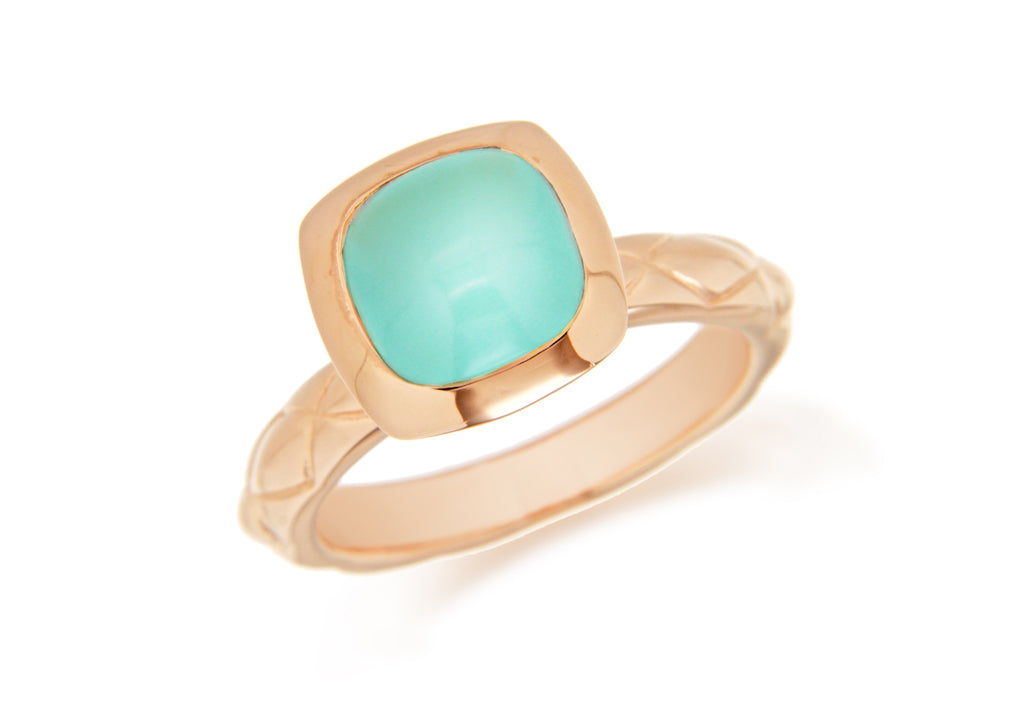 Sterling Silver Yellow Gold Plated Square Turquoise Opaque Glass Patterned Stacking Ring