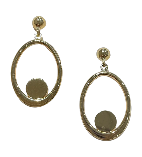 9ct yellow gold open oval dropper with disc inside.
