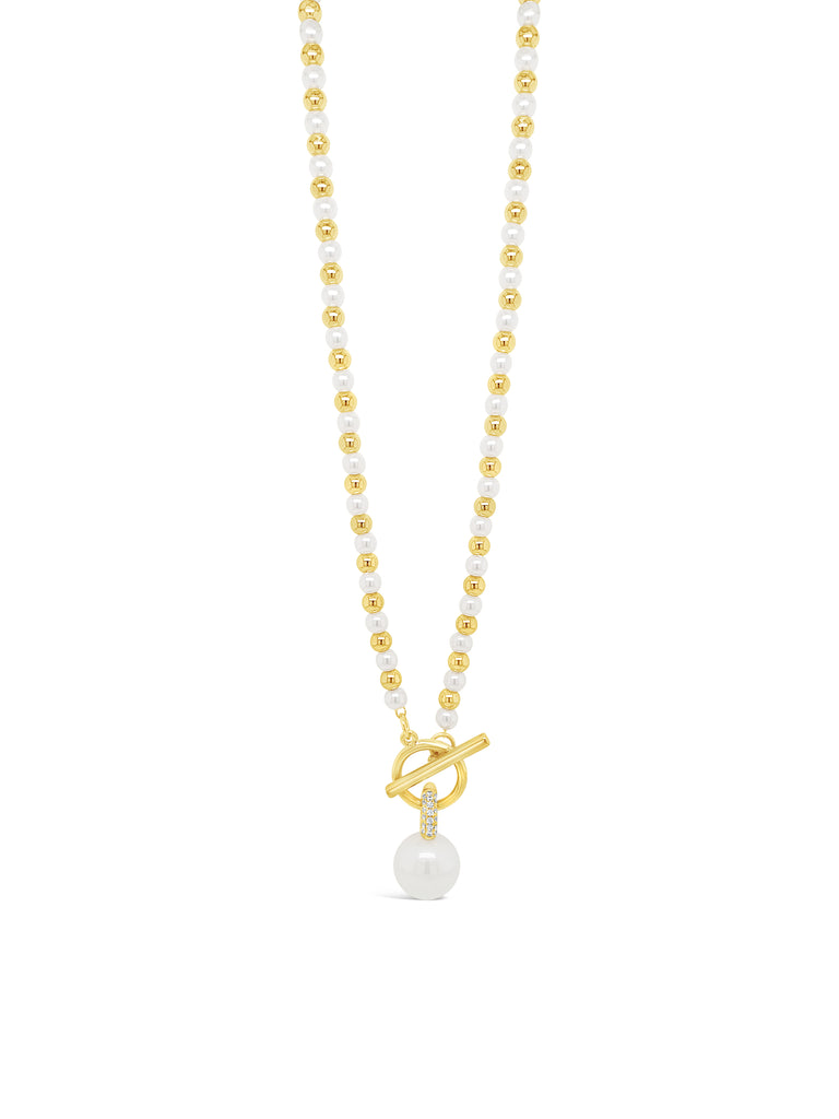 Pearl And Bead T-Bar Necklace With Pearl Drop Yellow Gold