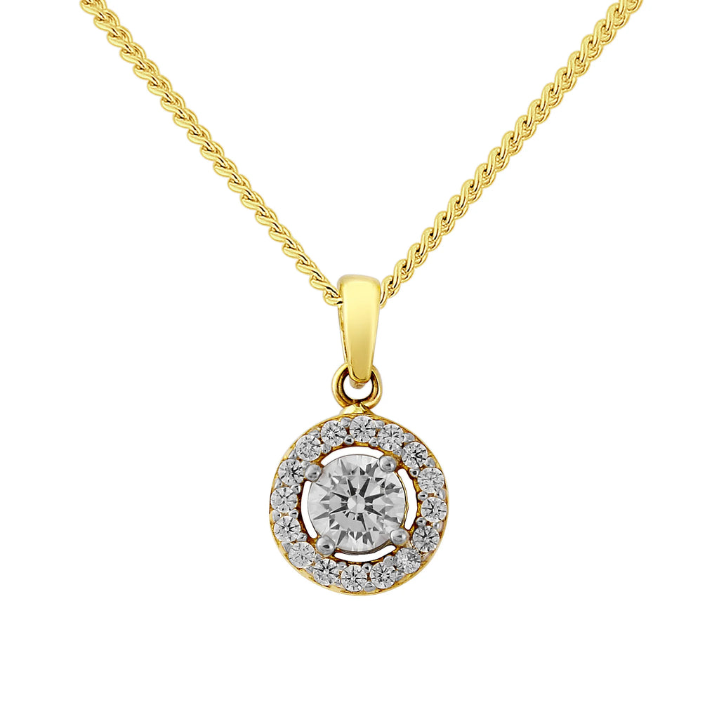 9ct Yellow Gold Cubic Zirconia Pendant with Halo setting on 18" chain
