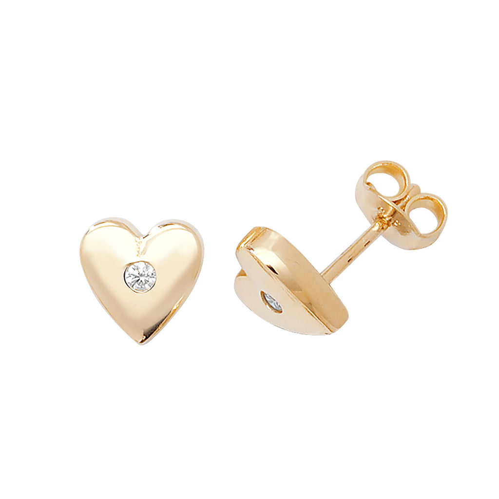9CT YELLOW GOLD HEART WITH SINGLE CZ STUD EARRINGS