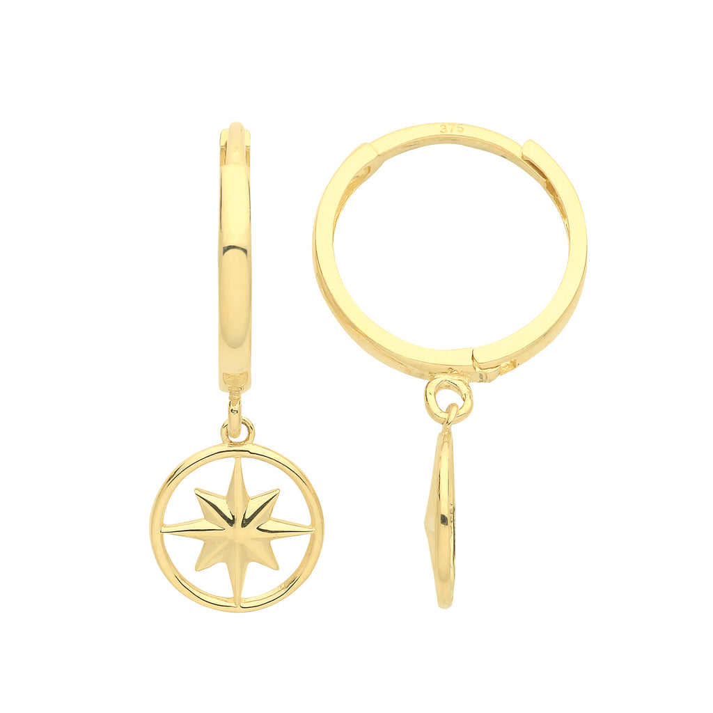 9CT YELLOW GOLD COMPASS CHARM DROP EARRINGS
