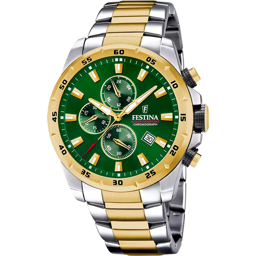Festina Men's Watch Green Dial, Two Tone Bracelet