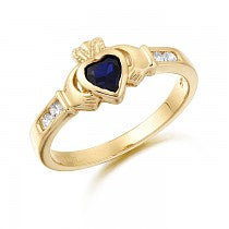 9ct Gold CZ Sapphire Claddagh Ring with Channel set stone shoulders