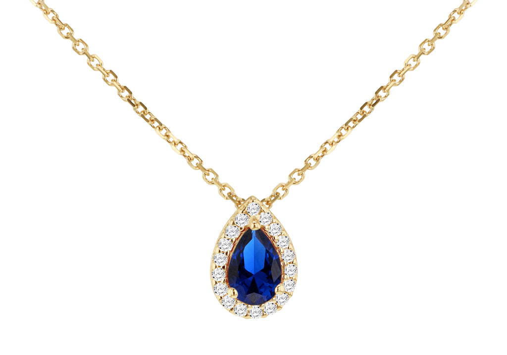 9ct Yellow Gold Blue Pear Shape Cubic Zirconia Necklace
