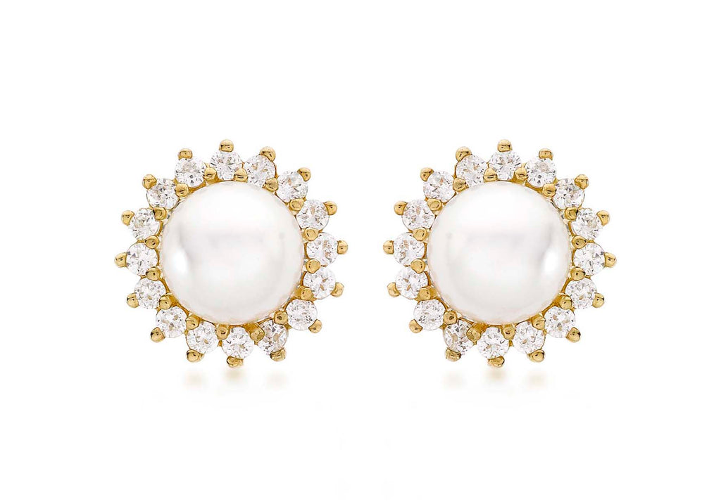 9CT YELLOW GOLD CZ CLUSTER AND 8MM PEARL 12MM STUD EARRINGS