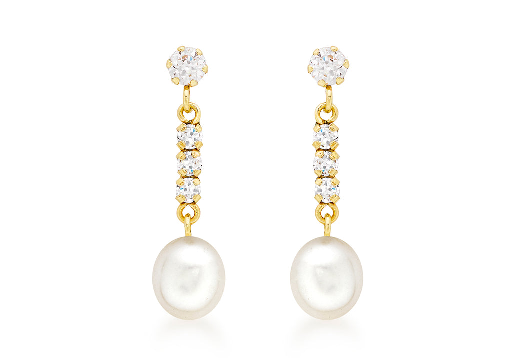 9CT YELLOW GOLD CZ AND 6MM PEARL 21MM DROP EARRINGS