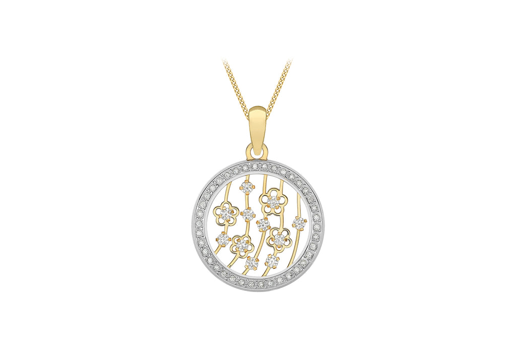 9CT YELLOW GOLD CZ 16.8MM DISC & FLOWERS PENDANT ON 16"-18" CHAIN