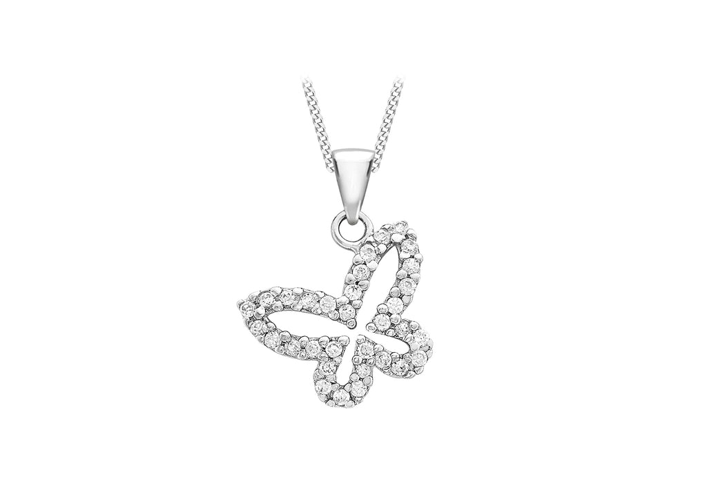 9CT WHITE GOLD CZ 14MM X 18MM BUTTERFLY PENDANT ON 18" CHAIN