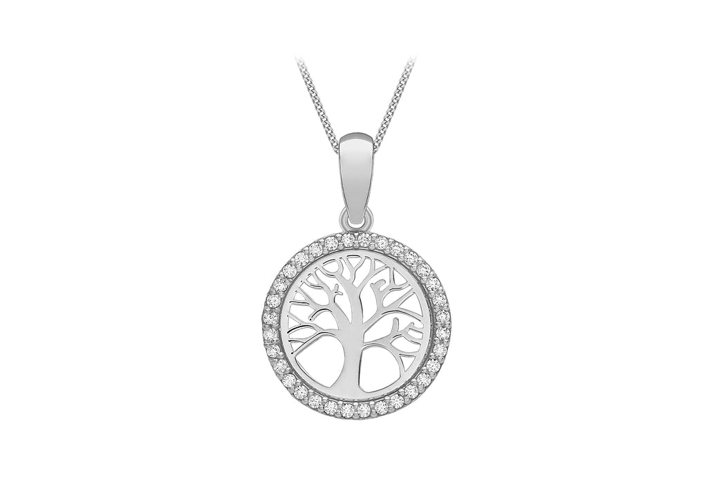 9CT WHITE GOLD CZ 12.8MM 'TREE OF LIFE' PENDANT ON 16"-18" CHAIN