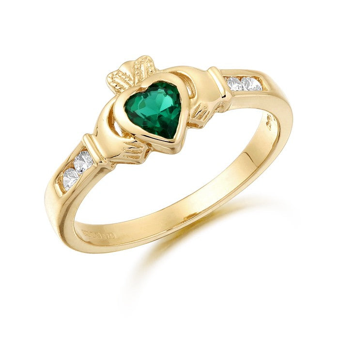 9ct Gold CZ Emerald Claddagh Ring with Channel set stone shoulders