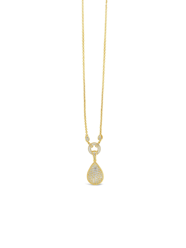 Yellow gold plated long chain with stone set pendant attached
