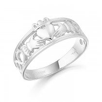 9ct White Gold Ladies Claddagh Ring with Celtic Knot Shoulders.